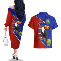 Costa Rica Toucan Couples Matching Off The Shoulder Long Sleeve Dress and Hawaiian Shirt Red and Blue with National Seal and Tropical Bird Graphic - Wonder Print Shop