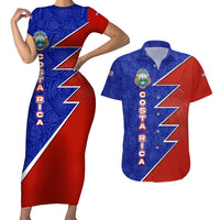 Costa Rica Toucan Couples Matching Short Sleeve Bodycon Dress and Hawaiian Shirt Red and Blue with National Seal and Tropical Bird Graphic - Wonder Print Shop