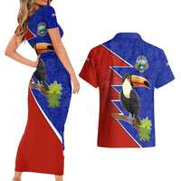 Costa Rica Toucan Couples Matching Short Sleeve Bodycon Dress and Hawaiian Shirt Red and Blue with National Seal and Tropical Bird Graphic - Wonder Print Shop