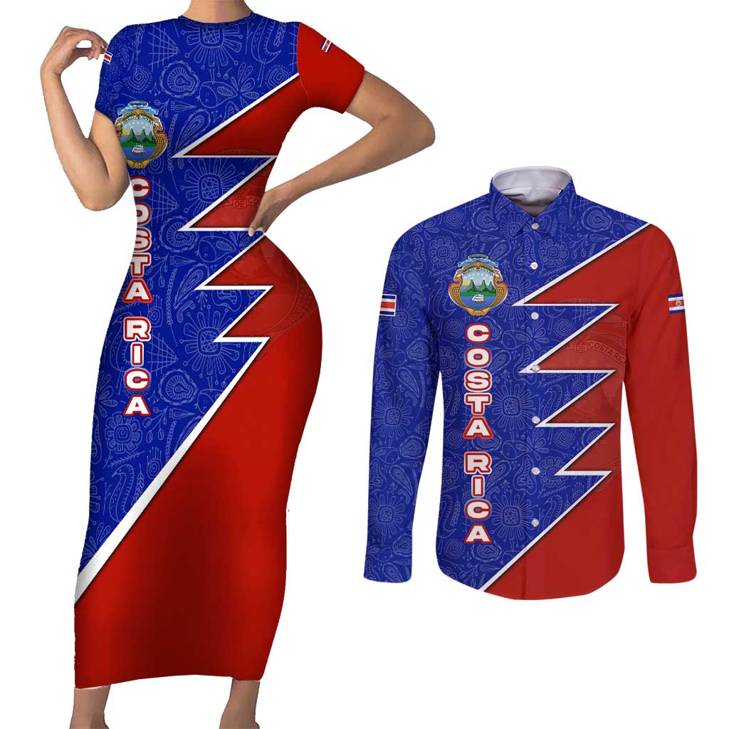 Costa Rica Toucan Couples Matching Short Sleeve Bodycon Dress and Long Sleeve Button Shirt Red and Blue with National Seal and Tropical Bird Graphic - Wonder Print Shop