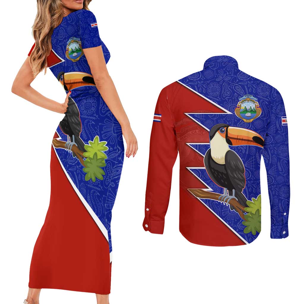 Costa Rica Toucan Couples Matching Short Sleeve Bodycon Dress and Long Sleeve Button Shirt Red and Blue with National Seal and Tropical Bird Graphic - Wonder Print Shop