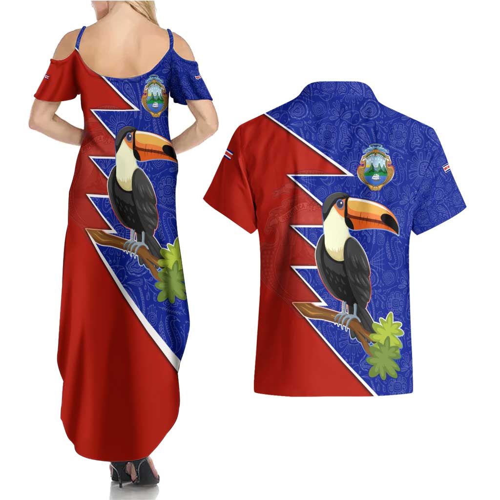 Costa Rica Toucan Couples Matching Summer Maxi Dress and Hawaiian Shirt Red and Blue with National Seal and Tropical Bird Graphic - Wonder Print Shop