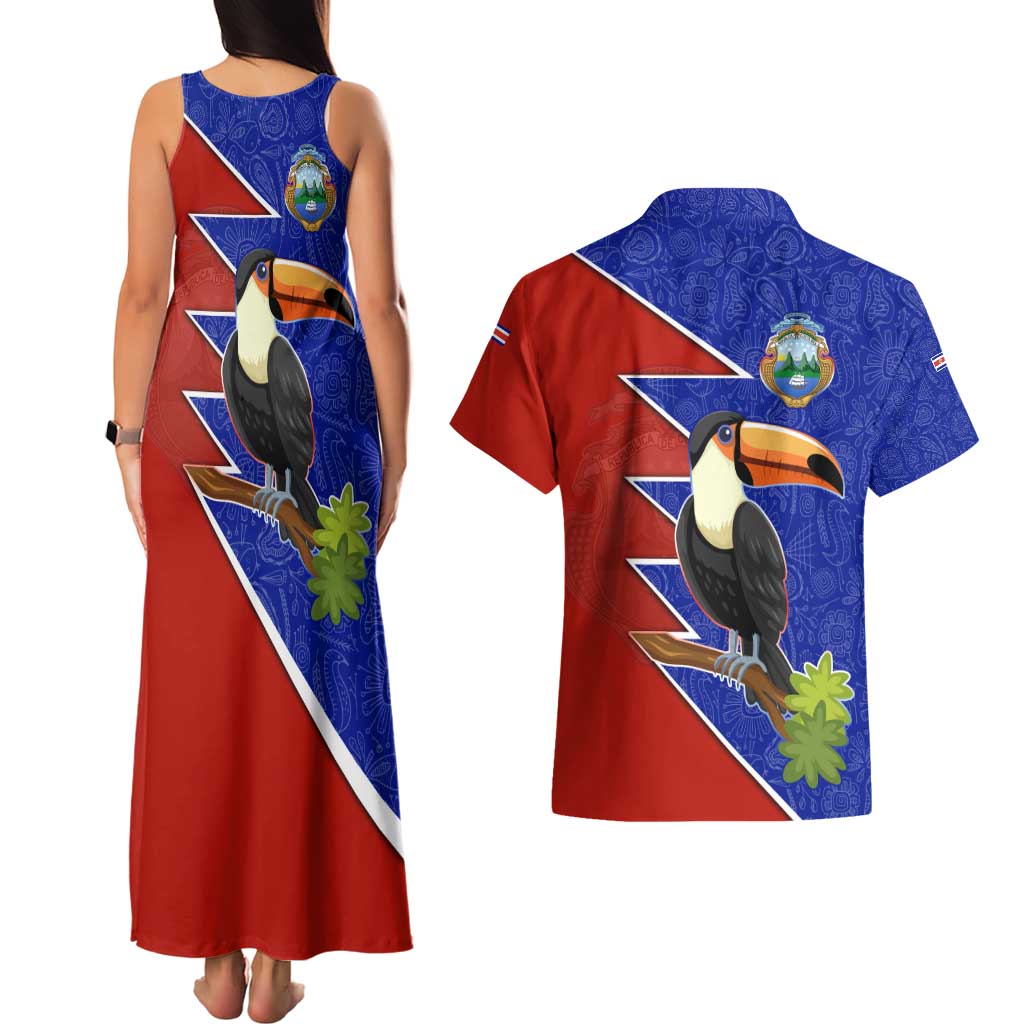 Costa Rica Toucan Couples Matching Tank Maxi Dress and Hawaiian Shirt Red and Blue with National Seal and Tropical Bird Graphic - Wonder Print Shop
