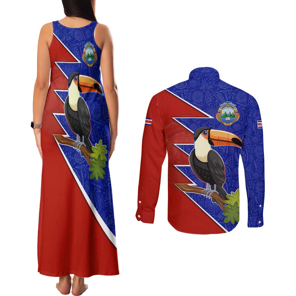 Costa Rica Toucan Couples Matching Tank Maxi Dress and Long Sleeve Button Shirt Red and Blue with National Seal and Tropical Bird Graphic - Wonder Print Shop