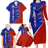 Costa Rica Toucan Family Matching Long Sleeve Bodycon Dress and Hawaiian Shirt Red and Blue with National Seal and Tropical Bird Graphic - Wonder Print Shop