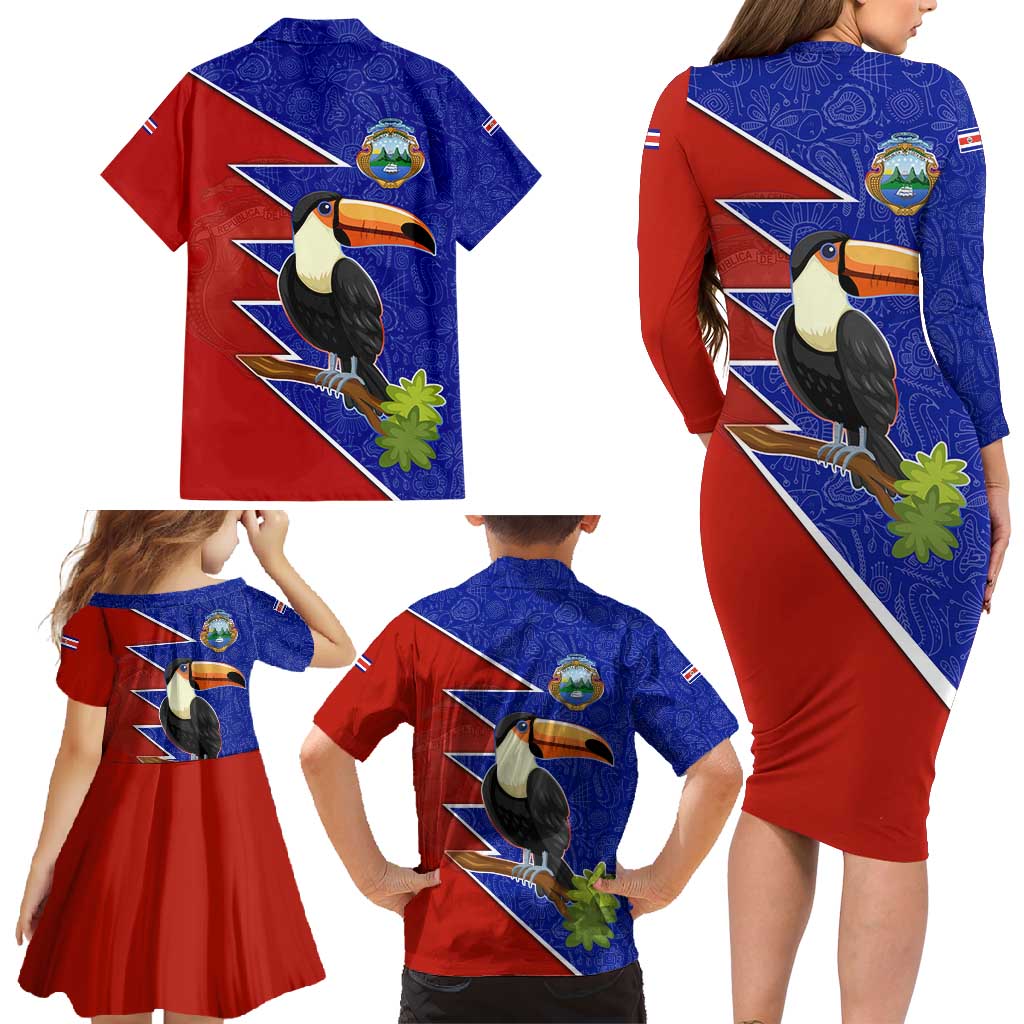 Costa Rica Toucan Family Matching Long Sleeve Bodycon Dress and Hawaiian Shirt Red and Blue with National Seal and Tropical Bird Graphic - Wonder Print Shop