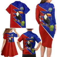 Costa Rica Toucan Family Matching Long Sleeve Bodycon Dress and Hawaiian Shirt Red and Blue with National Seal and Tropical Bird Graphic - Wonder Print Shop