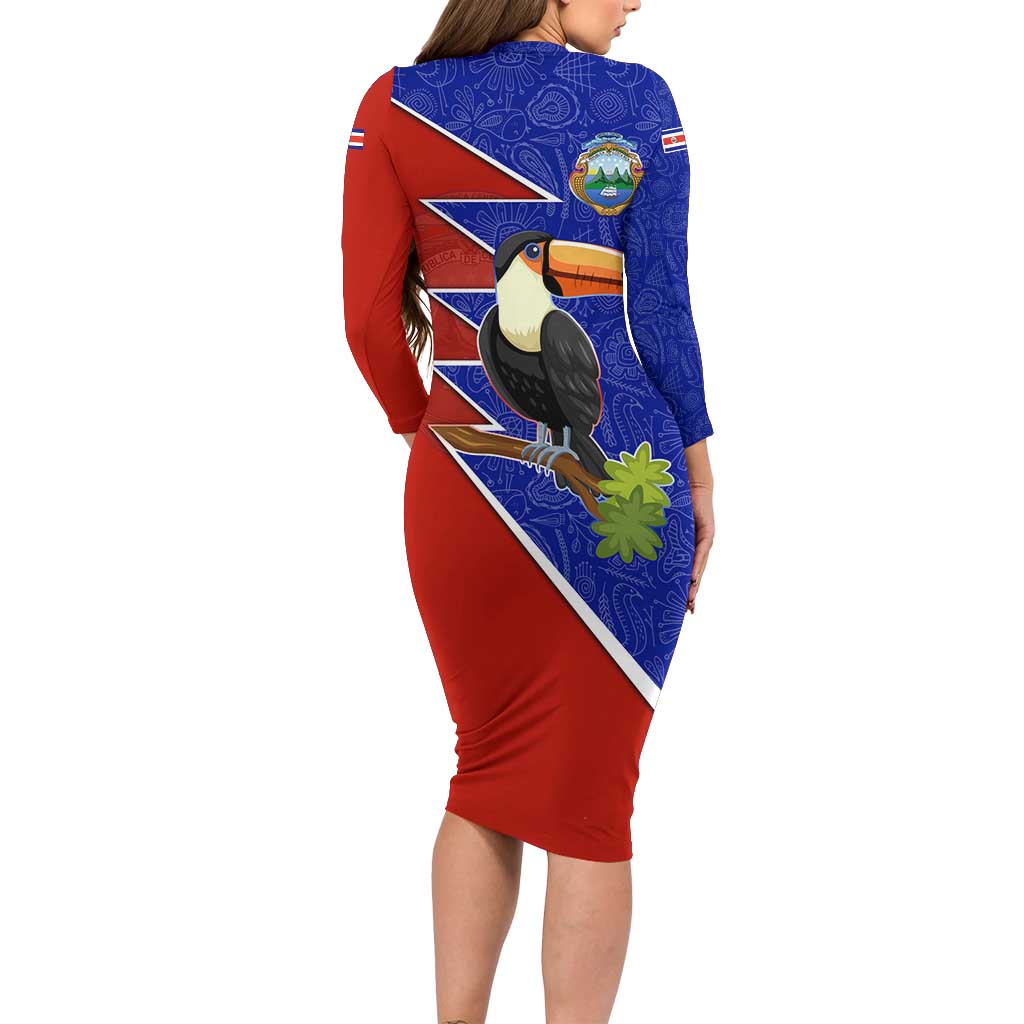 Costa Rica Toucan Family Matching Long Sleeve Bodycon Dress and Hawaiian Shirt Red and Blue with National Seal and Tropical Bird Graphic - Wonder Print Shop