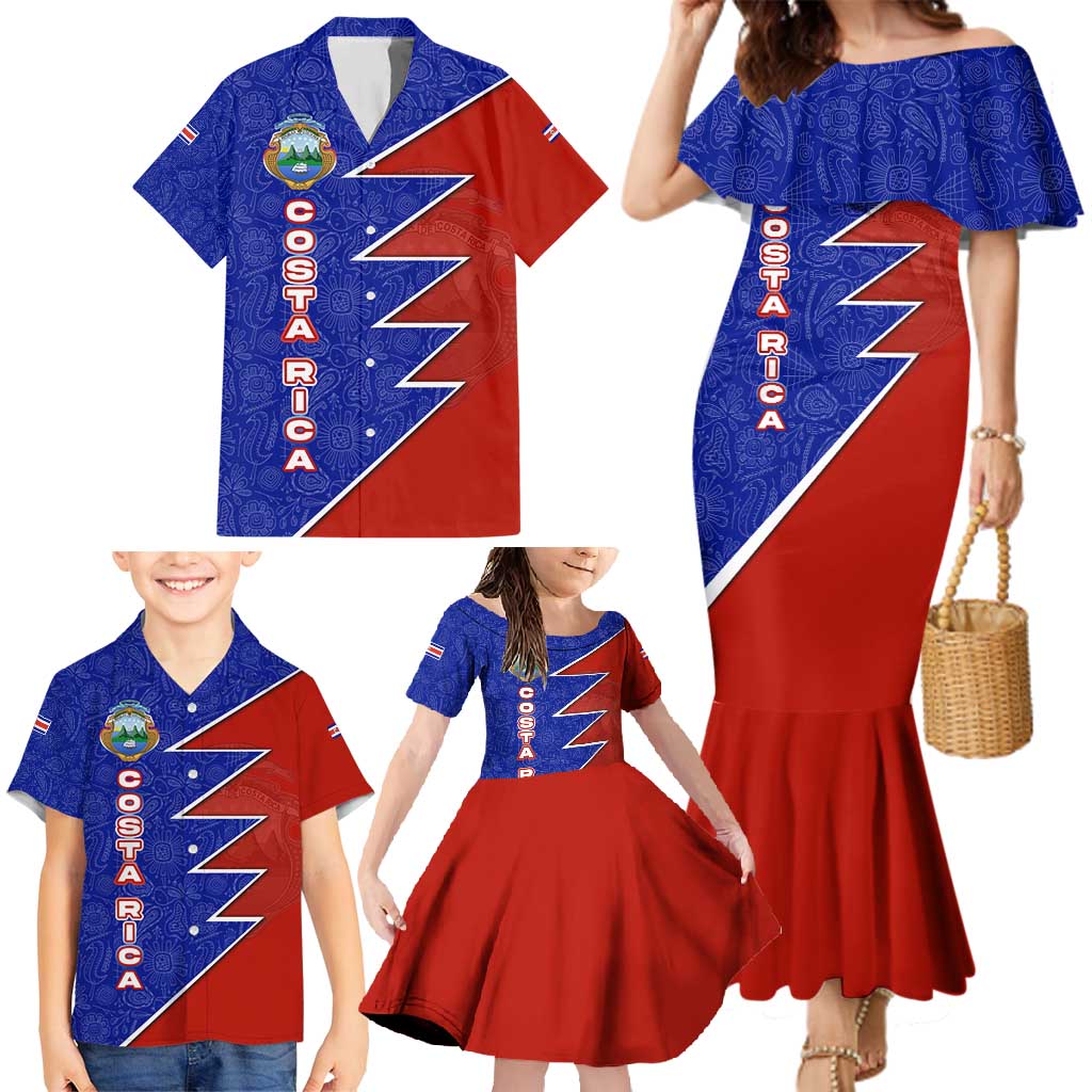 Costa Rica Toucan Family Matching Mermaid Dress and Hawaiian Shirt Red and Blue with National Seal and Tropical Bird Graphic - Wonder Print Shop