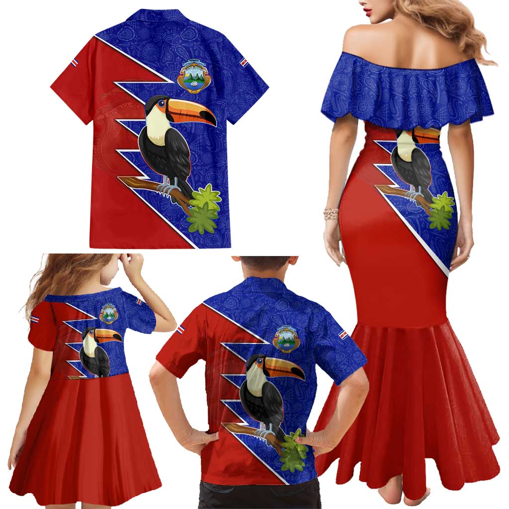 Costa Rica Toucan Family Matching Mermaid Dress and Hawaiian Shirt Red and Blue with National Seal and Tropical Bird Graphic - Wonder Print Shop