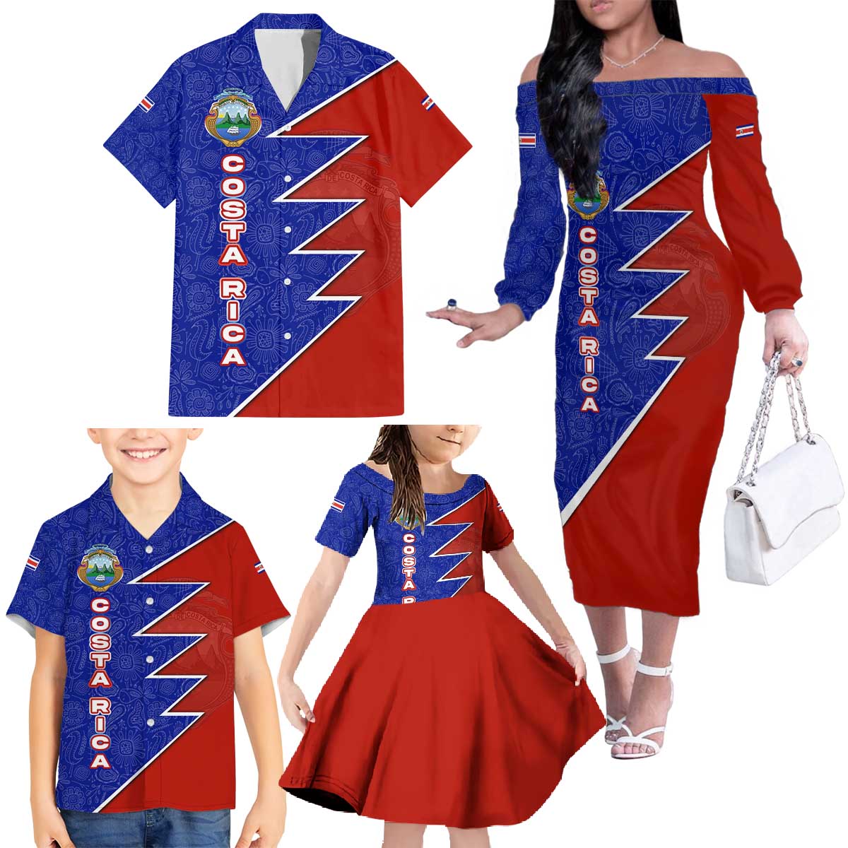 Costa Rica Toucan Family Matching Off The Shoulder Long Sleeve Dress and Hawaiian Shirt Red and Blue with National Seal and Tropical Bird Graphic - Wonder Print Shop