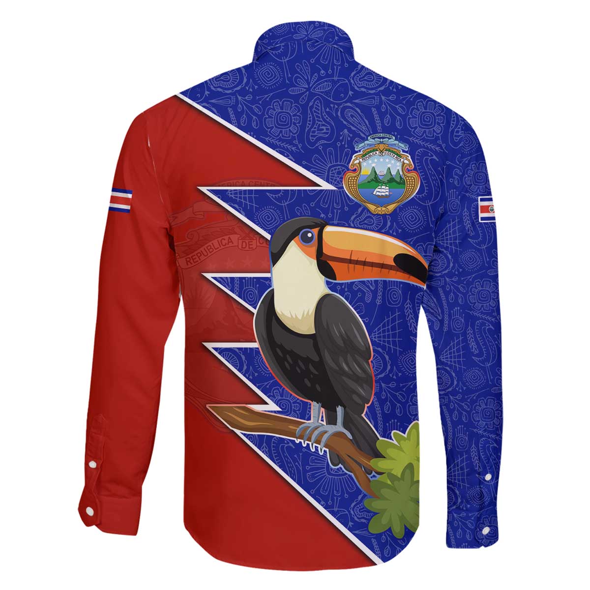 Costa Rica Toucan Family Matching Off The Shoulder Long Sleeve Dress and Hawaiian Shirt Red and Blue with National Seal and Tropical Bird Graphic - Wonder Print Shop