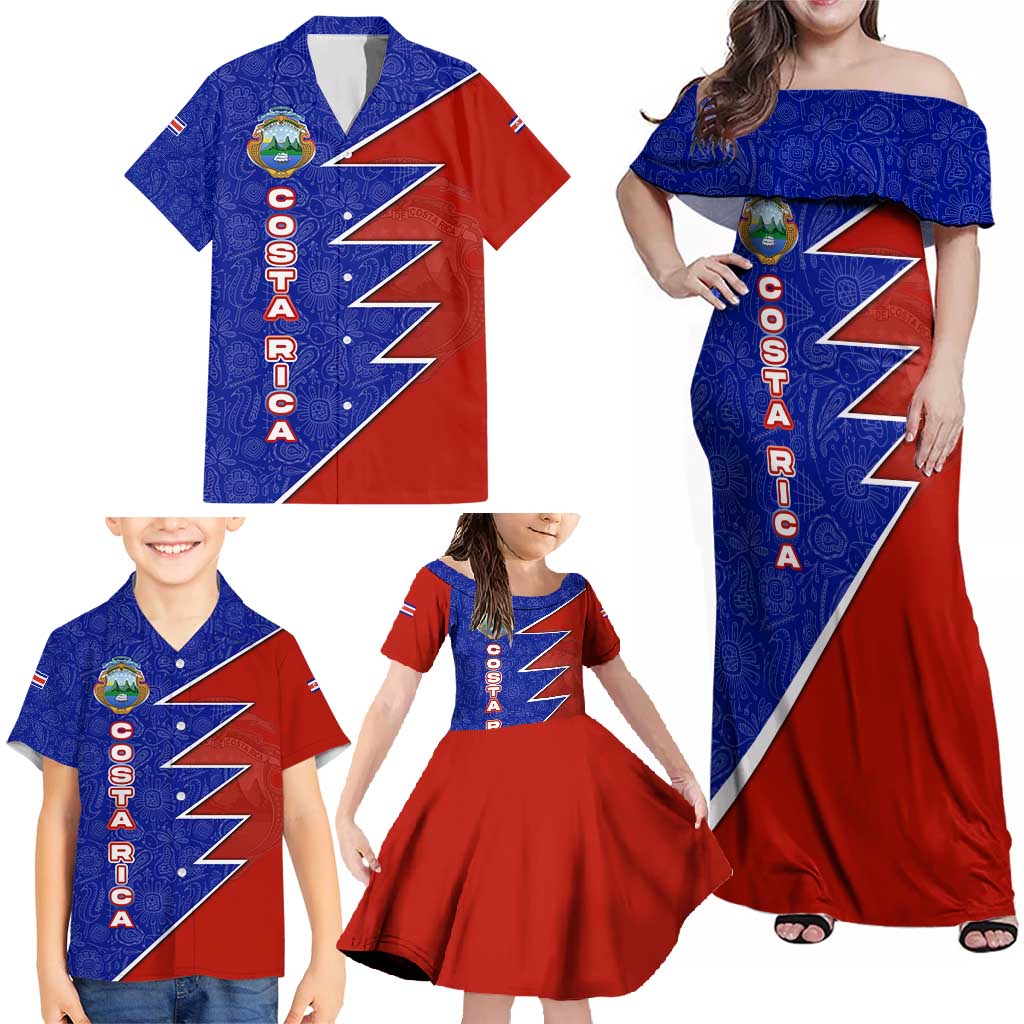 Costa Rica Toucan Family Matching Off Shoulder Maxi Dress and Hawaiian Shirt Red and Blue with National Seal and Tropical Bird Graphic - Wonder Print Shop