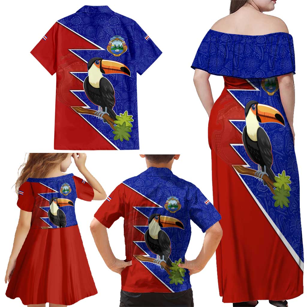 Costa Rica Toucan Family Matching Off Shoulder Maxi Dress and Hawaiian Shirt Red and Blue with National Seal and Tropical Bird Graphic - Wonder Print Shop