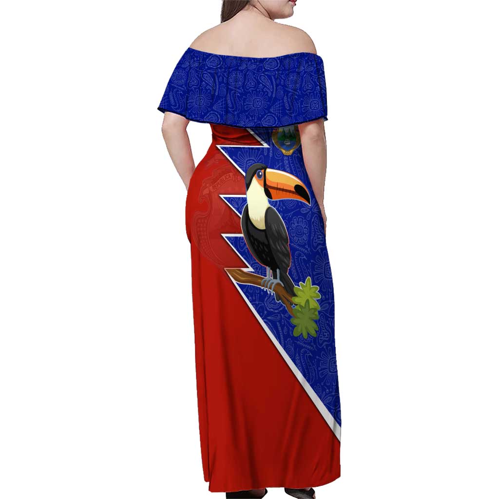 Costa Rica Toucan Family Matching Off Shoulder Maxi Dress and Hawaiian Shirt Red and Blue with National Seal and Tropical Bird Graphic - Wonder Print Shop