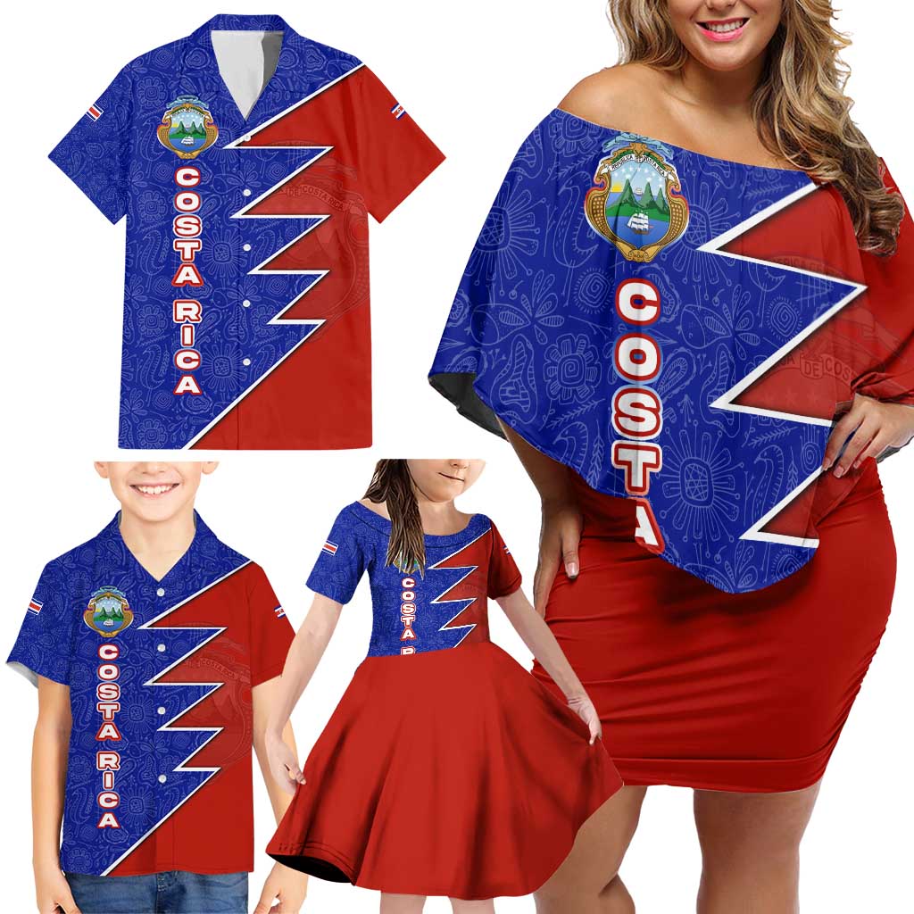 Costa Rica Toucan Family Matching Off Shoulder Short Dress and Hawaiian Shirt Red and Blue with National Seal and Tropical Bird Graphic - Wonder Print Shop