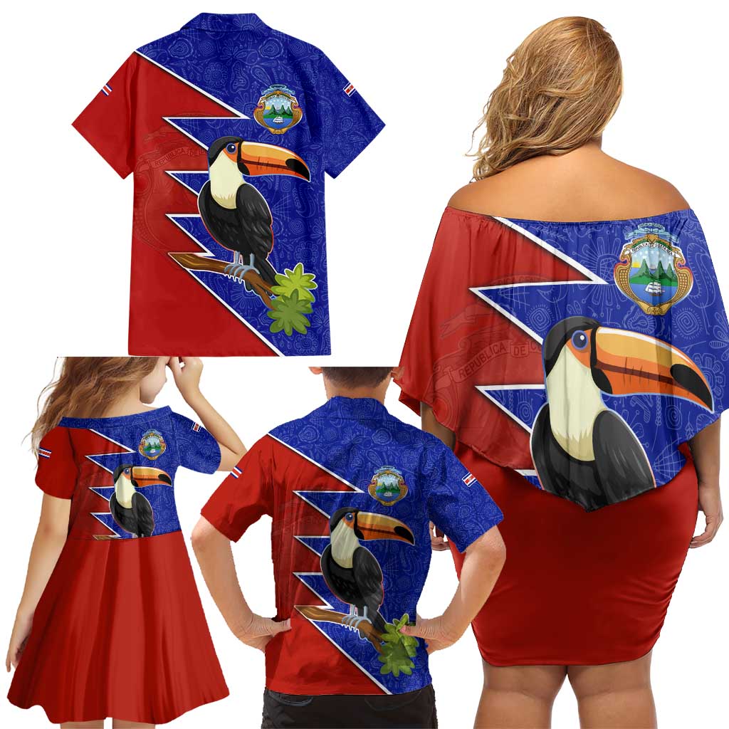 Costa Rica Toucan Family Matching Off Shoulder Short Dress and Hawaiian Shirt Red and Blue with National Seal and Tropical Bird Graphic - Wonder Print Shop