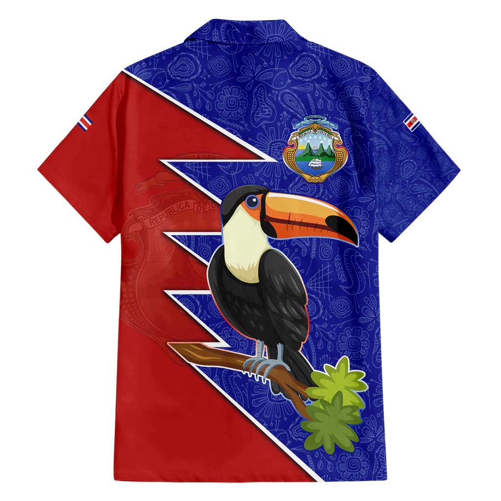 Costa Rica Toucan Family Matching Off Shoulder Short Dress and Hawaiian Shirt Red and Blue with National Seal and Tropical Bird Graphic - Wonder Print Shop