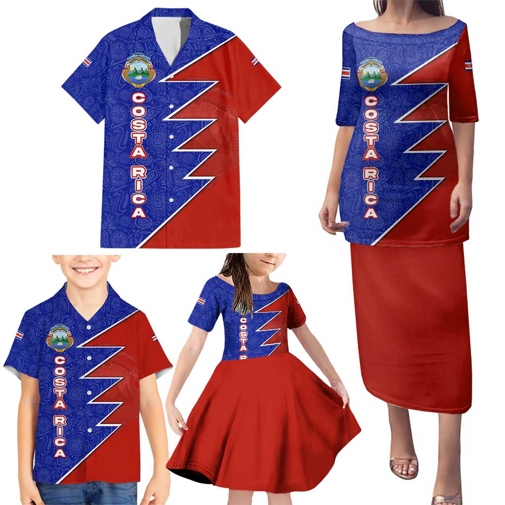 Costa Rica Toucan Family Matching Puletasi and Hawaiian Shirt Red and Blue with National Seal and Tropical Bird Graphic - Wonder Print Shop