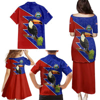 Costa Rica Toucan Family Matching Puletasi and Hawaiian Shirt Red and Blue with National Seal and Tropical Bird Graphic - Wonder Print Shop
