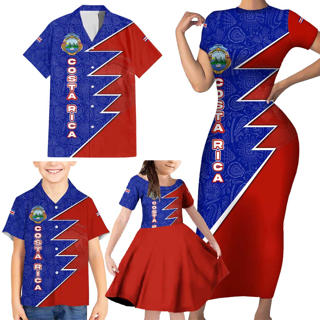 Costa Rica Toucan Family Matching Short Sleeve Bodycon Dress and Hawaiian Shirt Red and Blue with National Seal and Tropical Bird Graphic - Wonder Print Shop