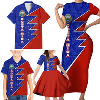 Costa Rica Toucan Family Matching Short Sleeve Bodycon Dress and Hawaiian Shirt Red and Blue with National Seal and Tropical Bird Graphic - Wonder Print Shop