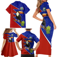 Costa Rica Toucan Family Matching Short Sleeve Bodycon Dress and Hawaiian Shirt Red and Blue with National Seal and Tropical Bird Graphic - Wonder Print Shop