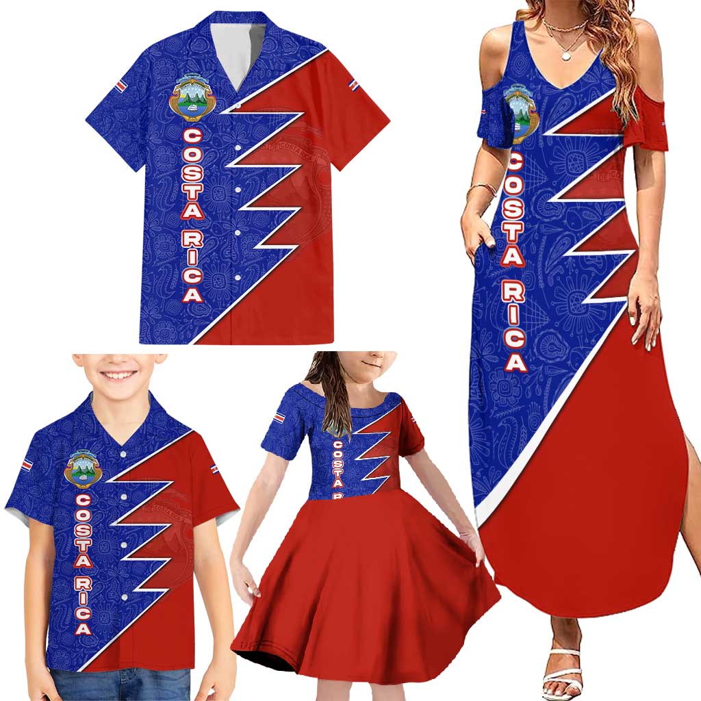 Costa Rica Toucan Family Matching Summer Maxi Dress and Hawaiian Shirt Red and Blue with National Seal and Tropical Bird Graphic - Wonder Print Shop