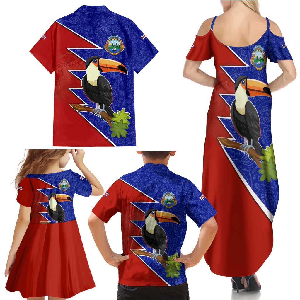 Costa Rica Toucan Family Matching Summer Maxi Dress and Hawaiian Shirt Red and Blue with National Seal and Tropical Bird Graphic - Wonder Print Shop