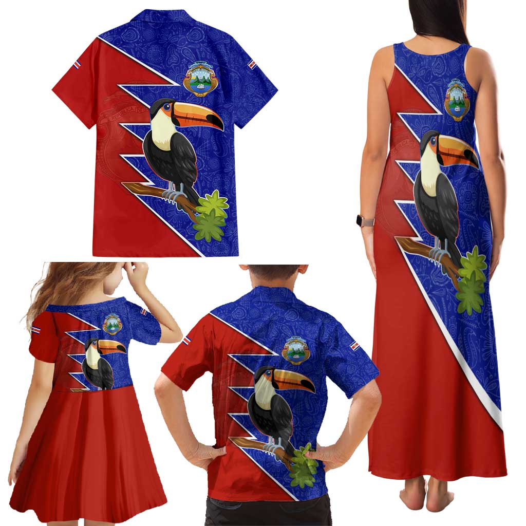 Costa Rica Toucan Family Matching Tank Maxi Dress and Hawaiian Shirt Red and Blue with National Seal and Tropical Bird Graphic - Wonder Print Shop