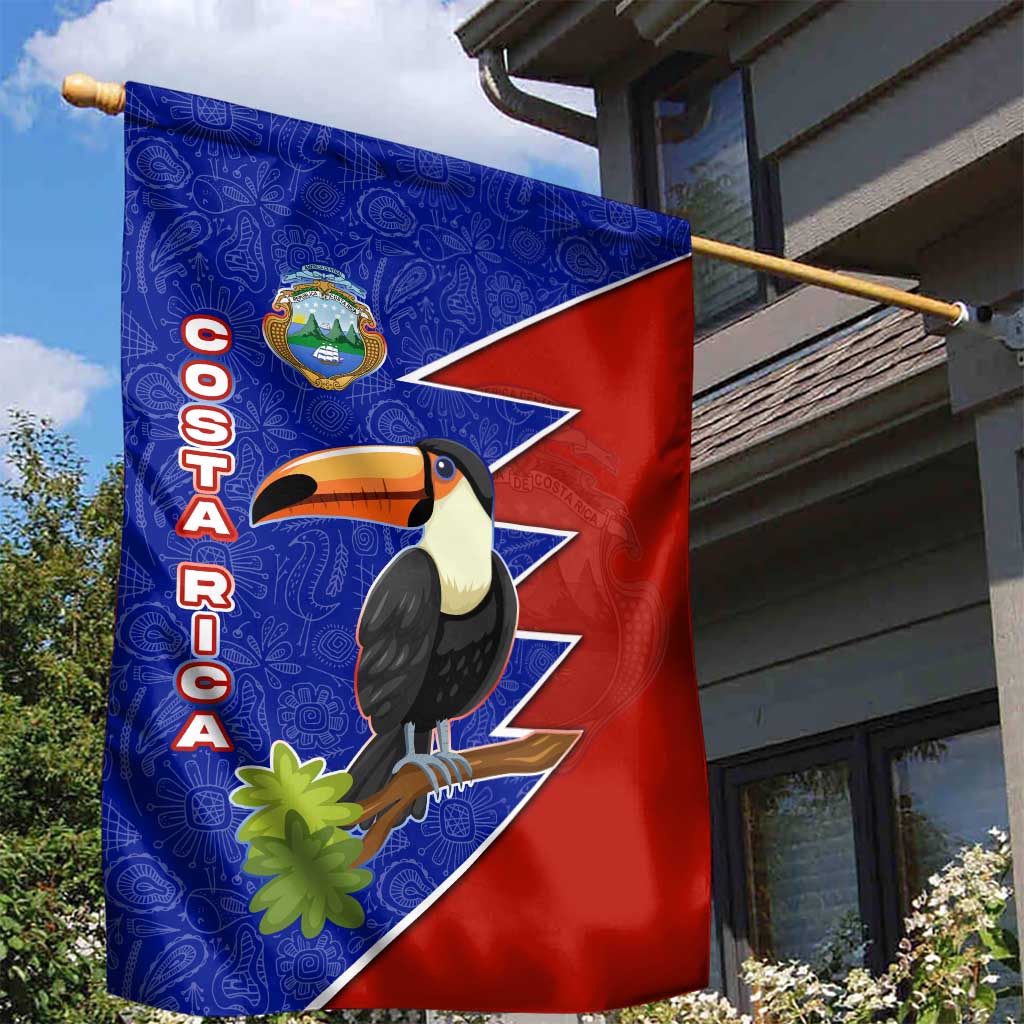 Costa Rica Toucan Garden Flag Red and Blue with National Seal and Tropical Bird Graphic - Wonder Print Shop