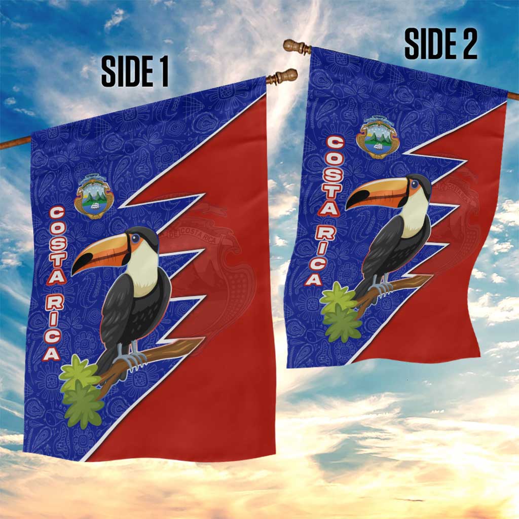 Costa Rica Toucan Garden Flag Red and Blue with National Seal and Tropical Bird Graphic - Wonder Print Shop