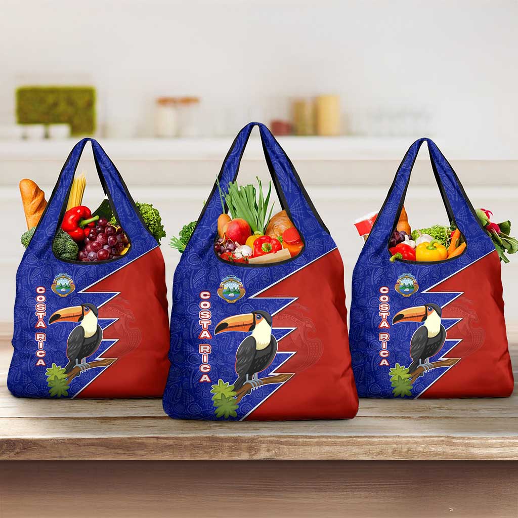 Costa Rica Toucan Grocery Bag Red and Blue with National Seal and Tropical Bird Graphic - Wonder Print Shop