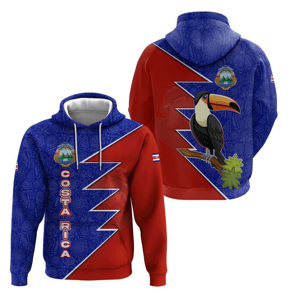 Costa Rica Toucan Hoodie Red and Blue with National Seal and Tropical Bird Graphic - Wonder Print Shop