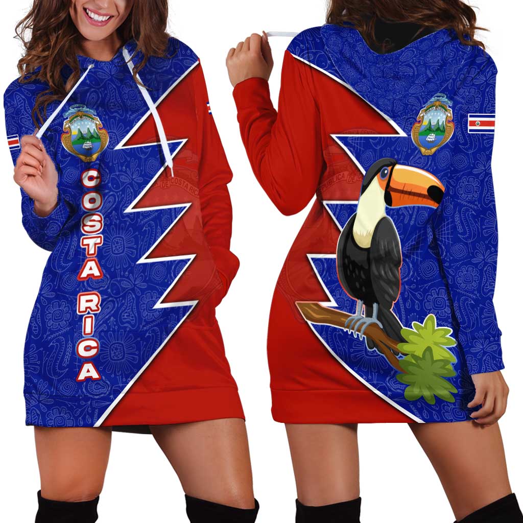Costa Rica Toucan Hoodie Dress Red and Blue with National Seal and Tropical Bird Graphic - Wonder Print Shop