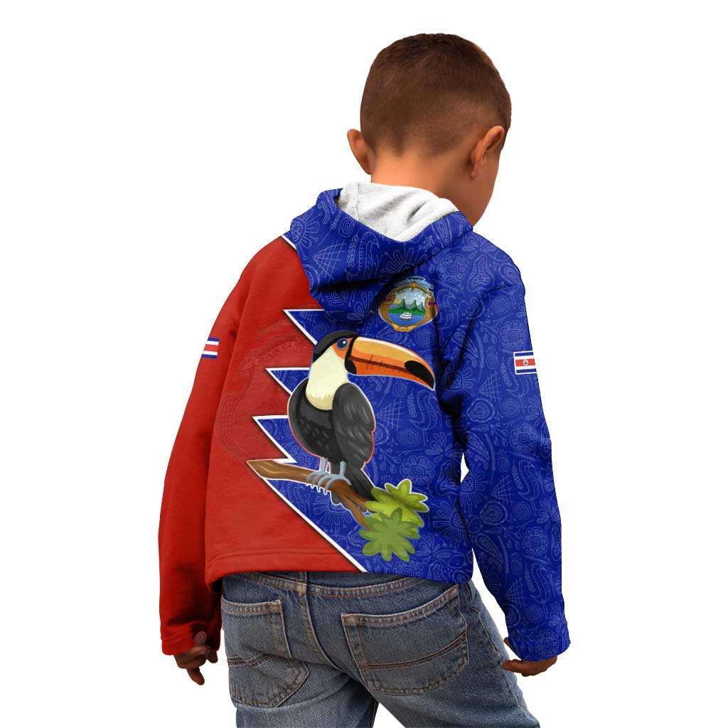 Costa Rica Toucan Kid Hoodie Red and Blue with National Seal and Tropical Bird Graphic - Wonder Print Shop