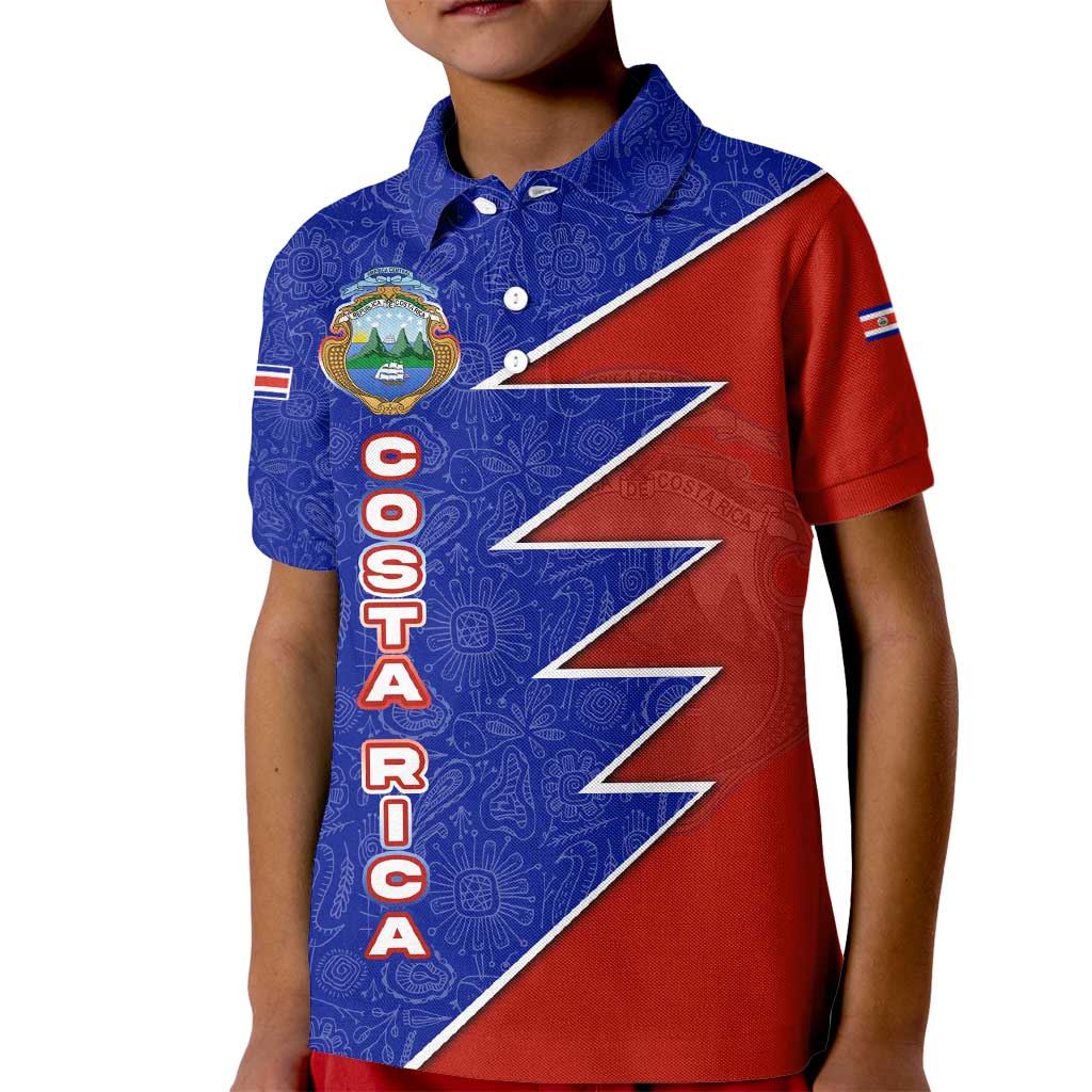Costa Rica Toucan Kid Polo Shirt Red and Blue with National Seal and Tropical Bird Graphic - Wonder Print Shop