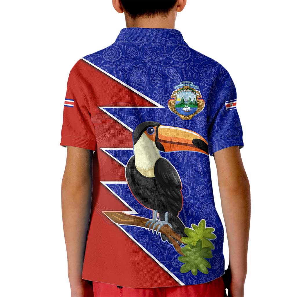 Costa Rica Toucan Kid Polo Shirt Red and Blue with National Seal and Tropical Bird Graphic - Wonder Print Shop