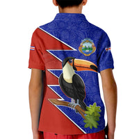 Costa Rica Toucan Kid Polo Shirt Red and Blue with National Seal and Tropical Bird Graphic - Wonder Print Shop