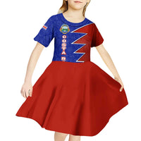 Costa Rica Toucan Kid Short Sleeve Dress Red and Blue with National Seal and Tropical Bird Graphic - Wonder Print Shop