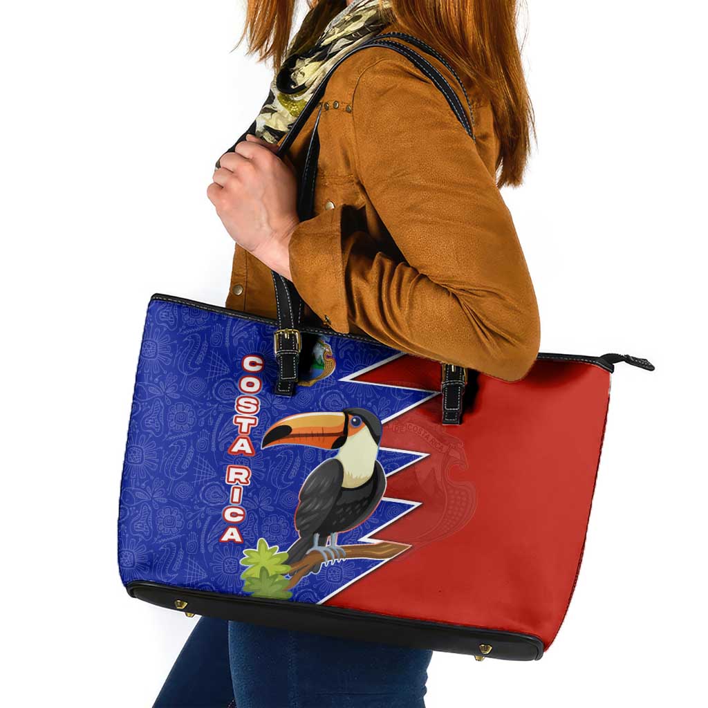 Costa Rica Toucan Leather Tote Bag Red and Blue with National Seal and Tropical Bird Graphic - Wonder Print Shop