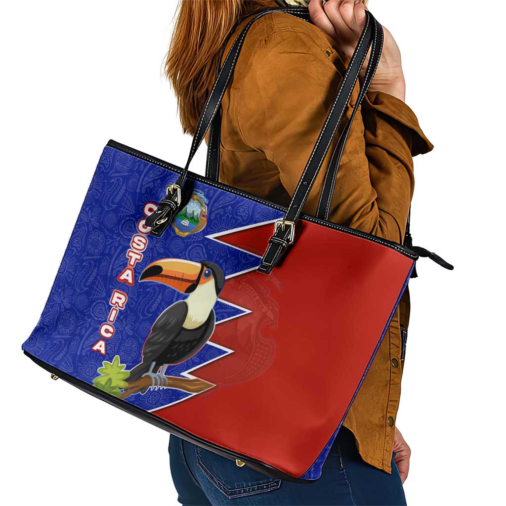 Costa Rica Toucan Leather Tote Bag Red and Blue with National Seal and Tropical Bird Graphic - Wonder Print Shop