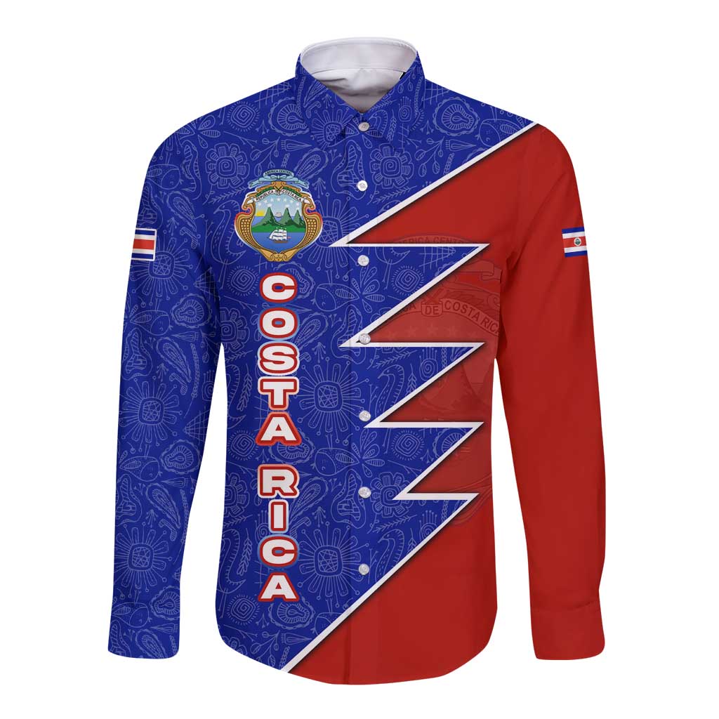 Costa Rica Toucan Long Sleeve Button Shirt Red and Blue with National Seal and Tropical Bird Graphic - Wonder Print Shop