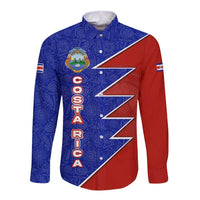Costa Rica Toucan Long Sleeve Button Shirt Red and Blue with National Seal and Tropical Bird Graphic - Wonder Print Shop