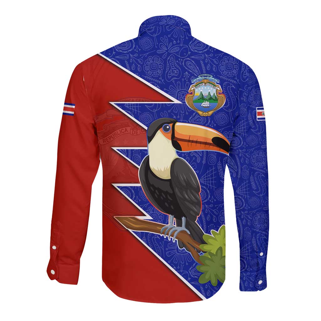 Costa Rica Toucan Long Sleeve Button Shirt Red and Blue with National Seal and Tropical Bird Graphic - Wonder Print Shop