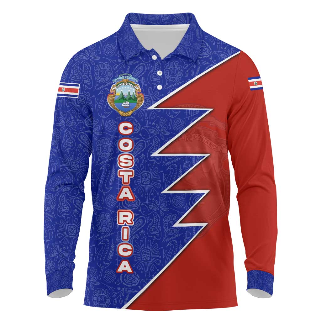 Costa Rica Toucan Long Sleeve Polo Shirt Red and Blue with National Seal and Tropical Bird Graphic - Wonder Print Shop