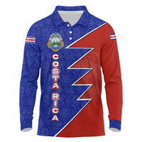 Costa Rica Toucan Long Sleeve Polo Shirt Red and Blue with National Seal and Tropical Bird Graphic - Wonder Print Shop