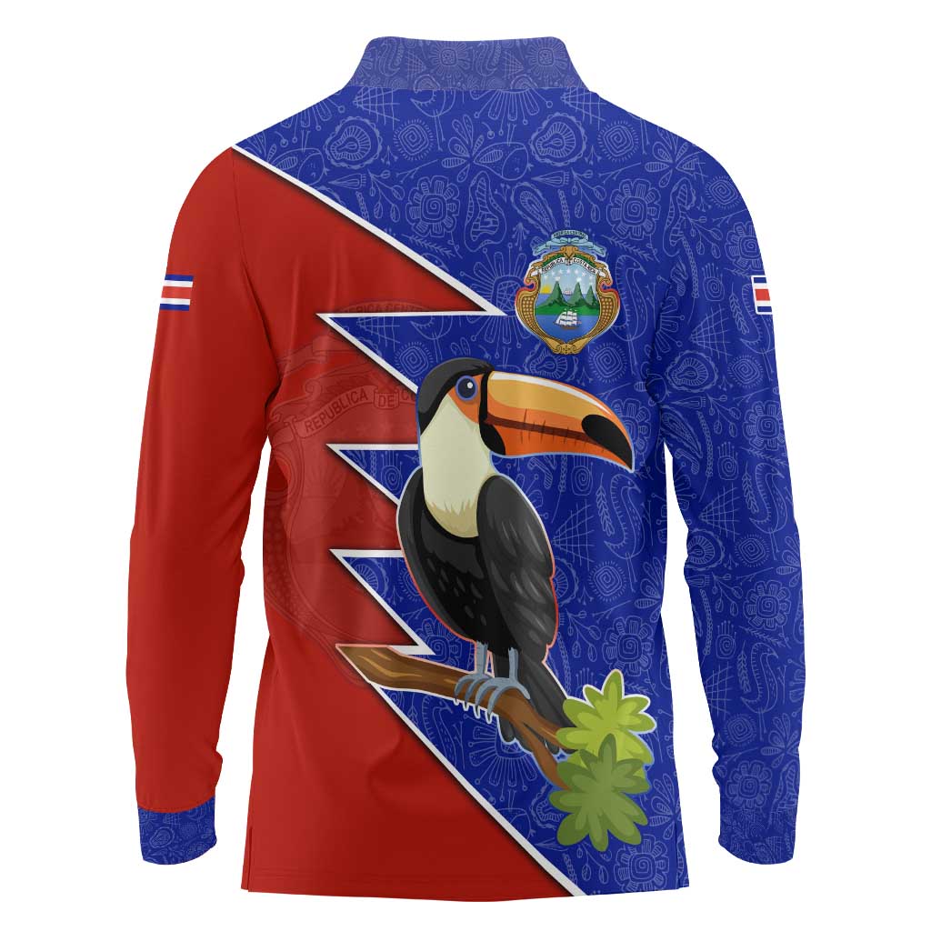 Costa Rica Toucan Long Sleeve Polo Shirt Red and Blue with National Seal and Tropical Bird Graphic - Wonder Print Shop