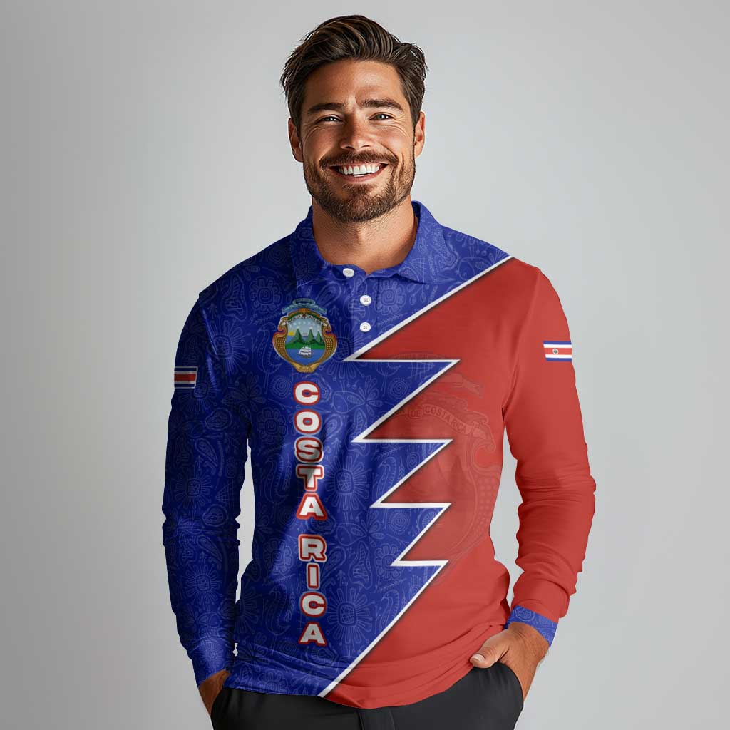 Costa Rica Toucan Long Sleeve Polo Shirt Red and Blue with National Seal and Tropical Bird Graphic - Wonder Print Shop