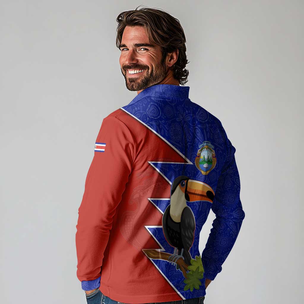 Costa Rica Toucan Long Sleeve Polo Shirt Red and Blue with National Seal and Tropical Bird Graphic - Wonder Print Shop
